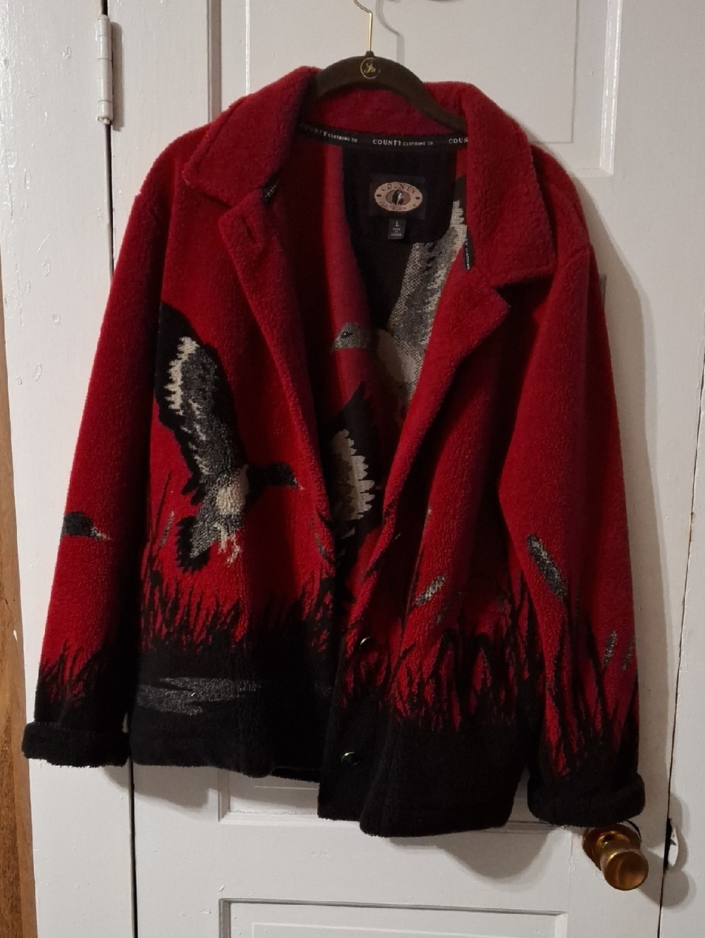 Red Patterned Teddy Jacket with Bird Motif - Women's Coat